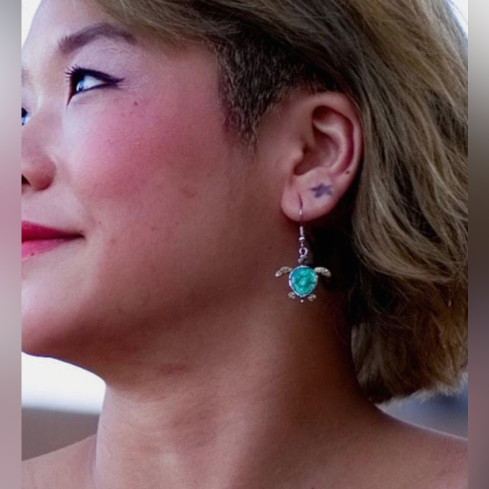*(2 for $15)* Pewter Sea Turtle Earrings, Emerald Green Enamel, Detailed Design